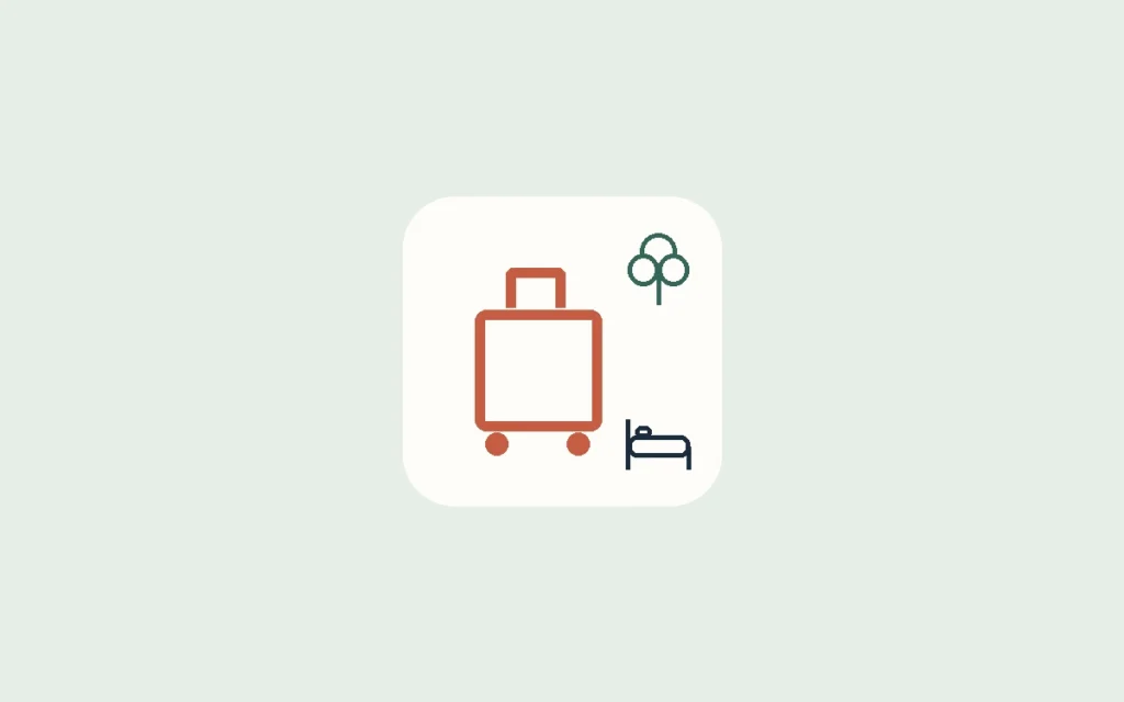 A suitcase with smaller tree and bed symbols, illustrating arrival, a nearby outing and rest.