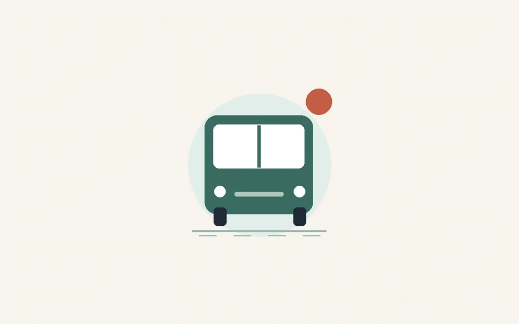 A stylized bus on a short road beneath a small sun.