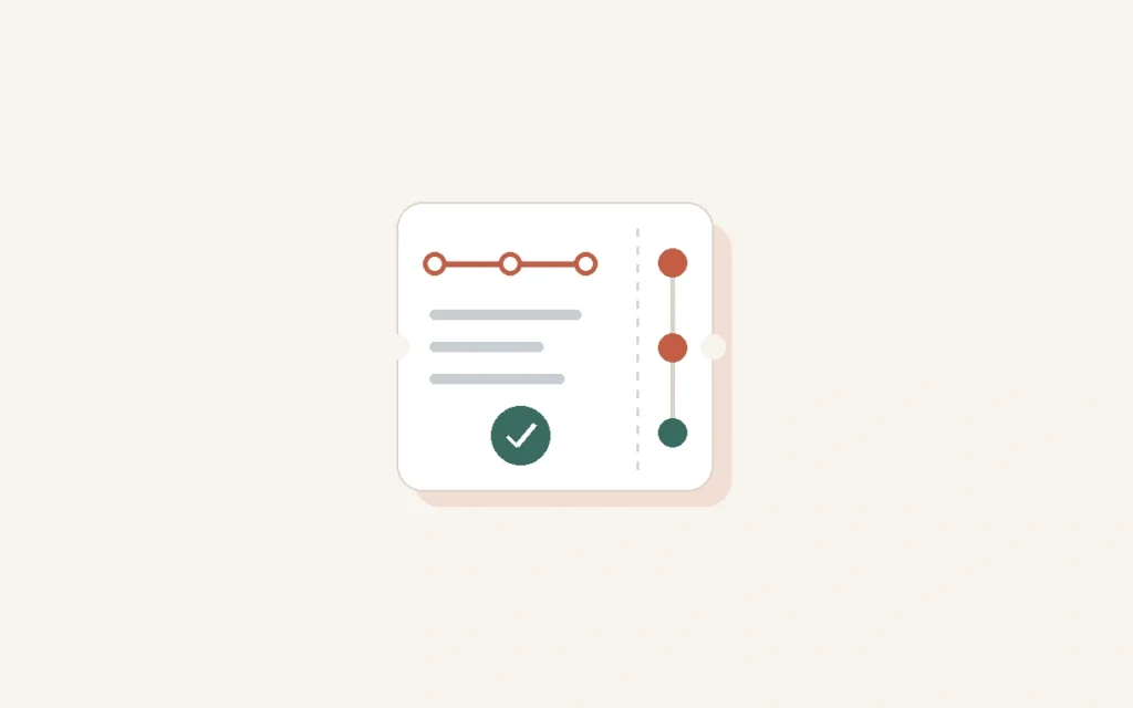 A stylized ticket with a three-stop journey line and a check mark.