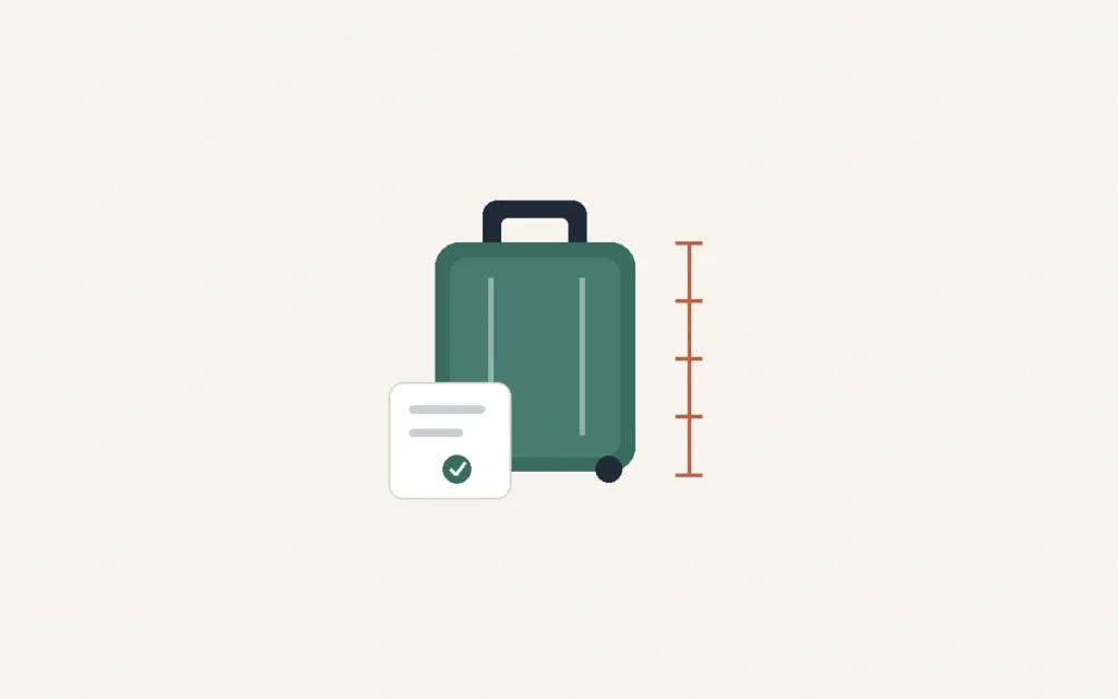 A suitcase beside an unnumbered measuring scale and a receipt with a check mark.